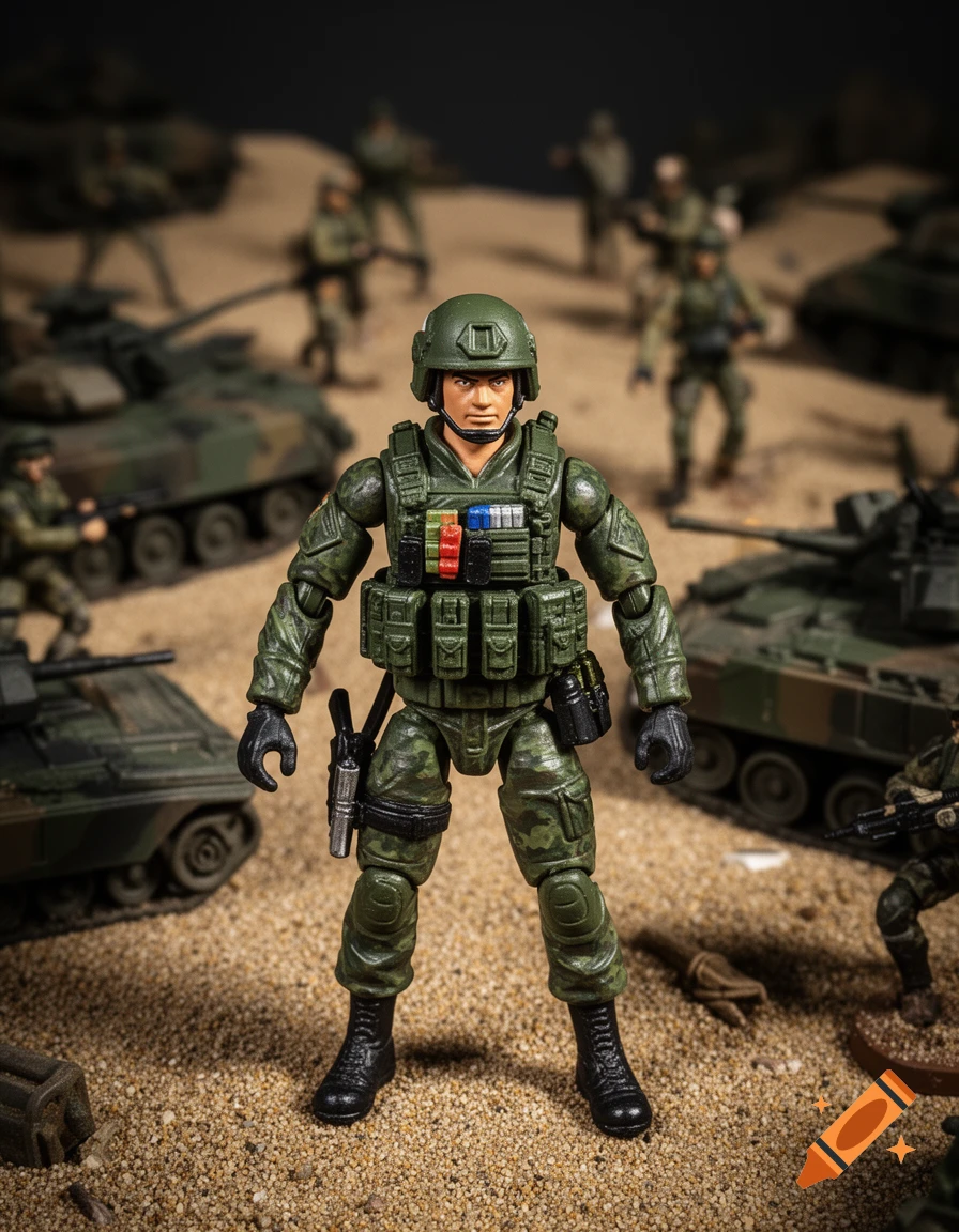 A detailed military action figure in green camouflage stands on a sandy terrain, surrounded by other toy soldiers and tanks.