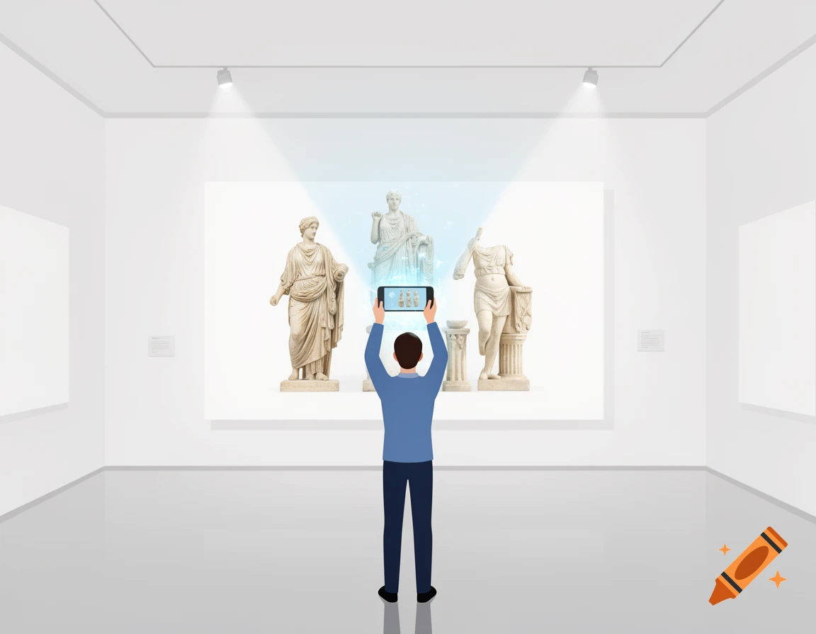 A person in a modern museum gallery uses a smartphone to view an AR projection of ancient Greek marble sculptures on a display wall. Vector art.