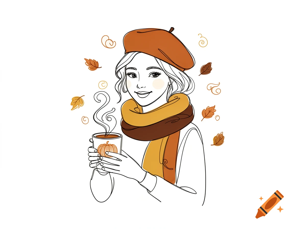 Minimalist line art illustration of a smiling woman in a beret and scarf, holding a steaming pumpkin spice coffee, with autumn leaves.