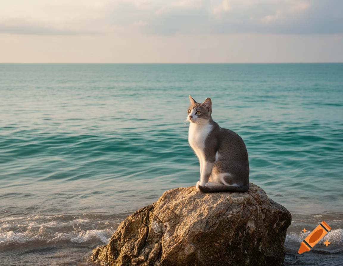 A photorealistic gray and white cat sits on a sunlit rock at the edge of a turquoise sea under a pale sky.