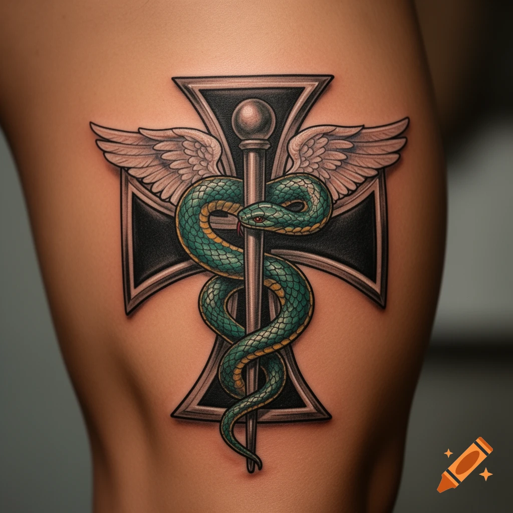 A detailed tattoo of a green snake coiled around a winged staff against a black Maltese cross on skin.