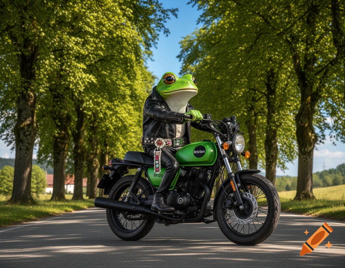 A photorealistic frog biker in a leather jacket and jeweled belt rides a green and black motorcycle down a tree-lined alley on a sunny day.