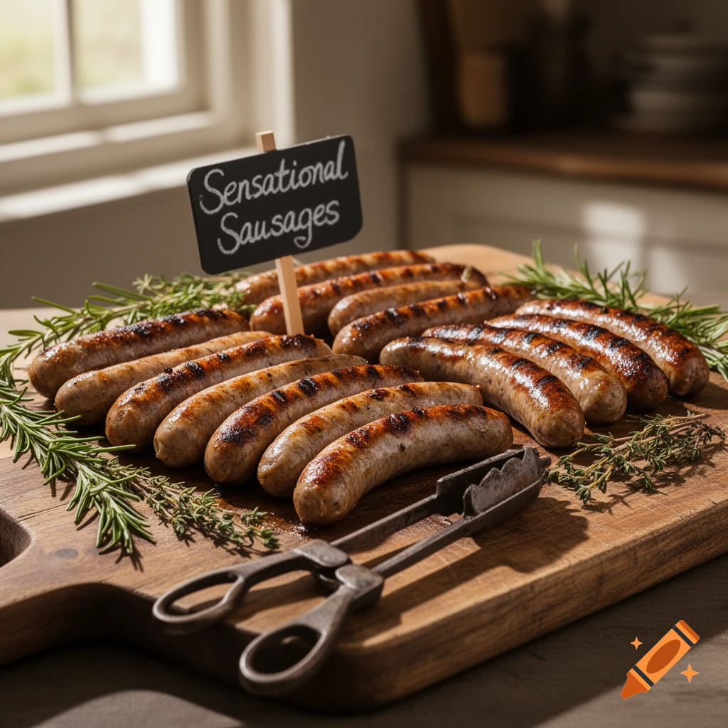 Grilled sausages with herbs on a wooden cutting board, with a chalkboard sign reading 'Sensational Sausages'.