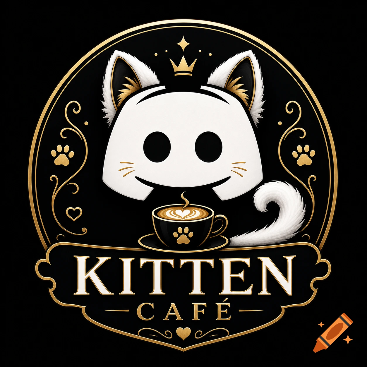 A black, white, and gold logo for Kitten Caf ess, featuring a cat-eared Discord mascot, coffee cup, and paw prints.