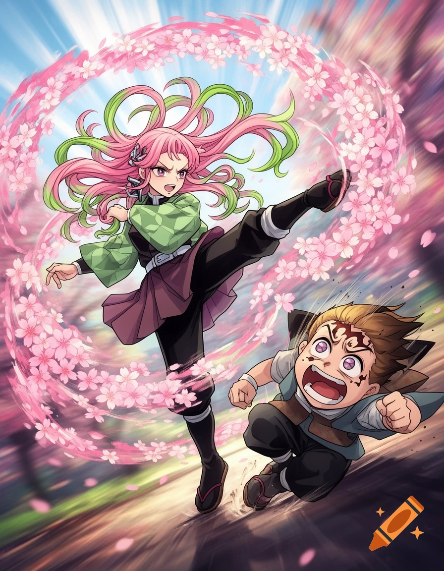 Anime style illustration of Mitsuri Kanroji from Demon Slayer kicking, surrounded by pink cherry blossoms, with a scared boy below.