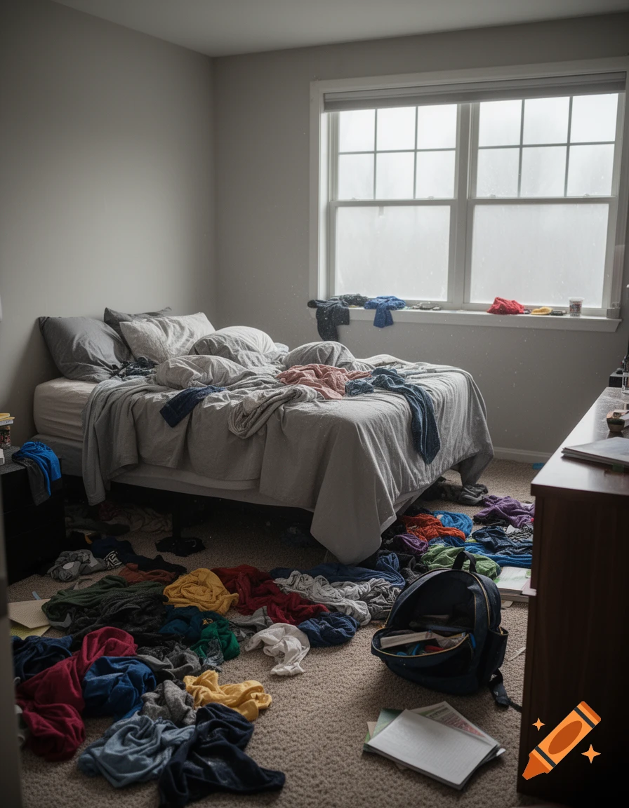 A messy bedroom with an unmade bed, clothes strewn across the floor, and a large window.