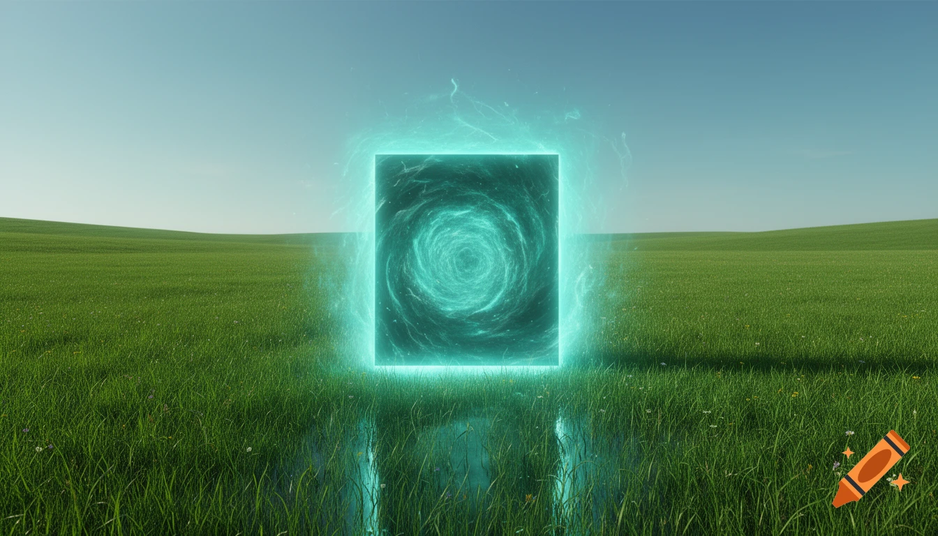A glowing turquoise energetic portal with swirling energy stands in a lush green meadow under a clear blue sky.