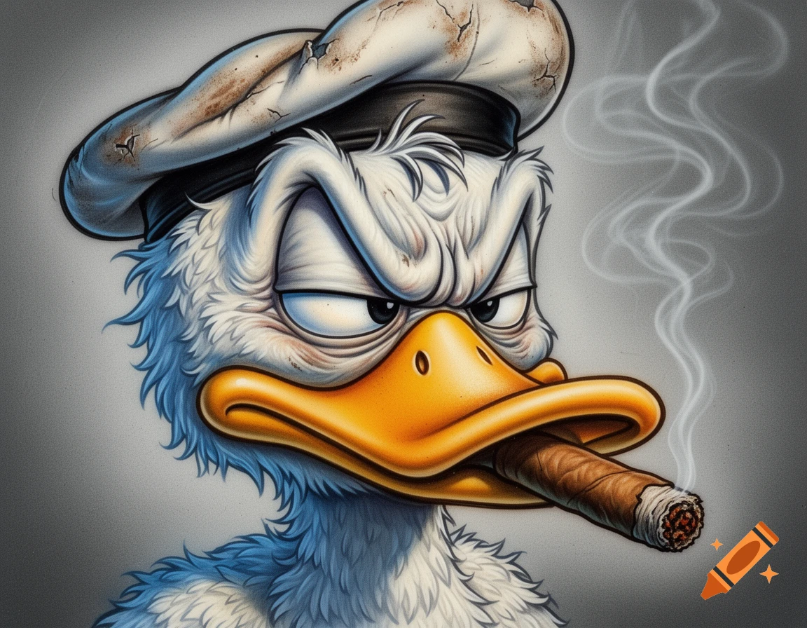 A grumpy, aged Donald Duck caricature with a cigar, rendered in an airbrush style.