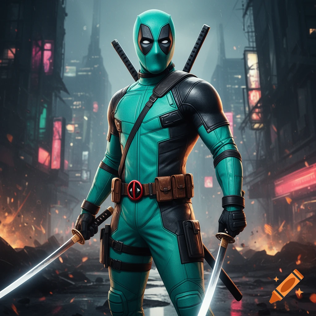 Deadpool in a teal and black suit stands in a futuristic, rainy city holding two glowing katanas.