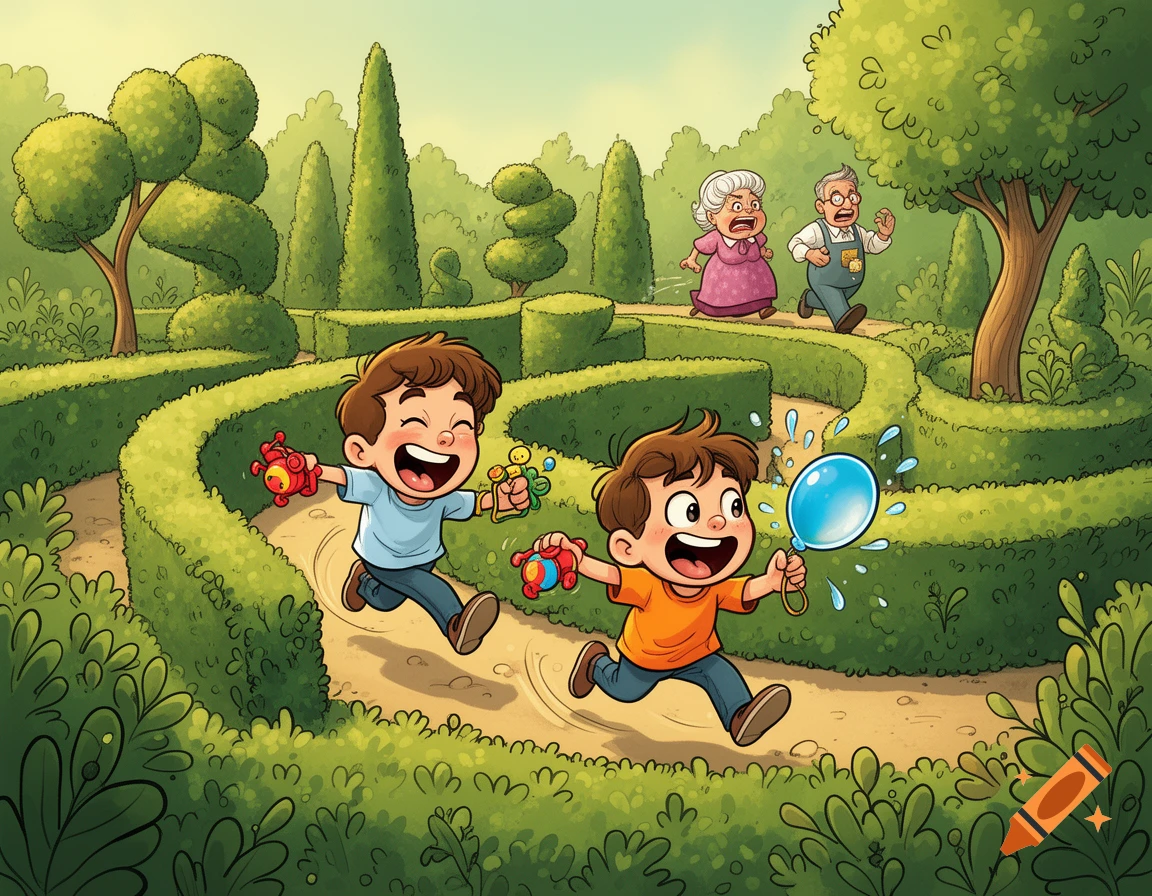 Two happy cartoon boys run through a green garden maze, one holding a water balloon and the other toys, as an angry old couple chases them.