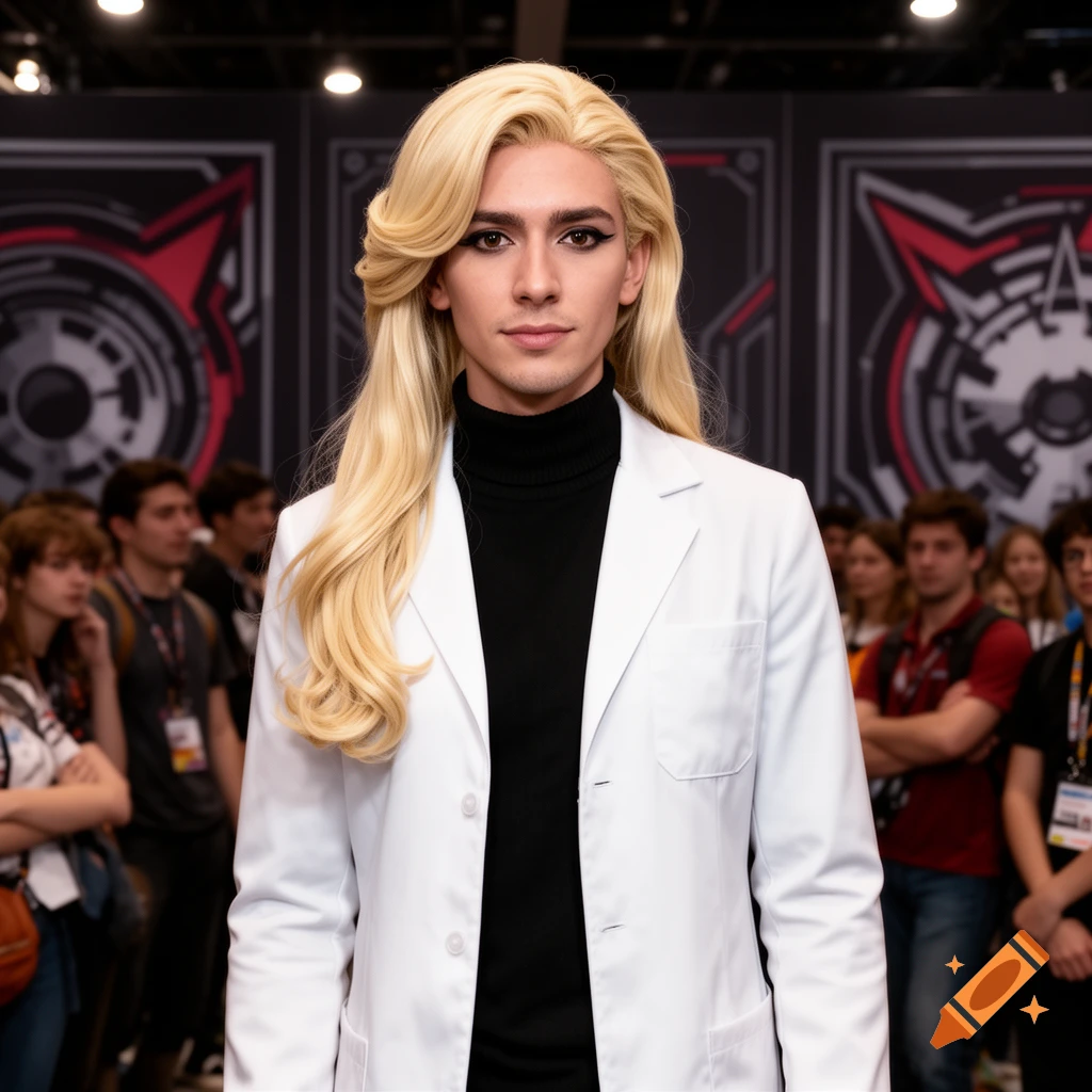A man with long blonde hair, striking eyeliner, wearing a white lab coat and black turtleneck, looking at the camera in a convention setting.