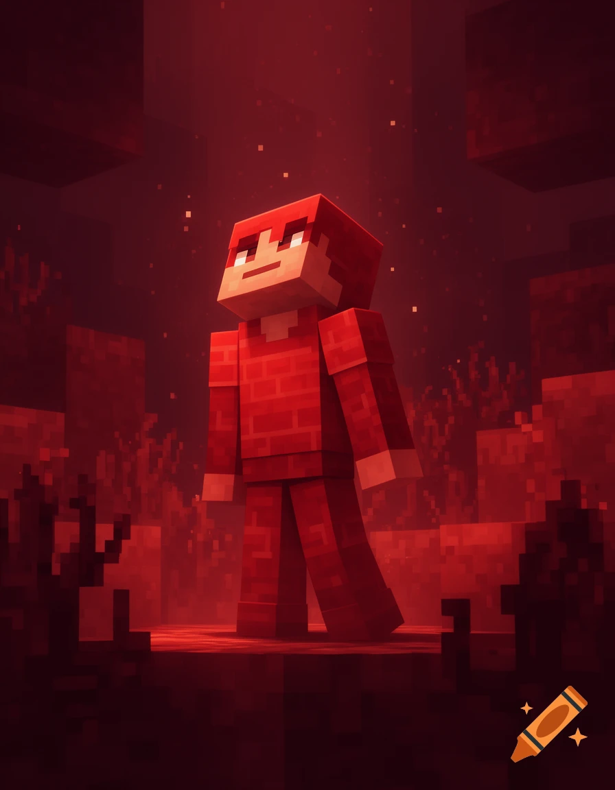 A blocky red Minecraft-style character looks up in a dark red pixelated environment with glowing particles.