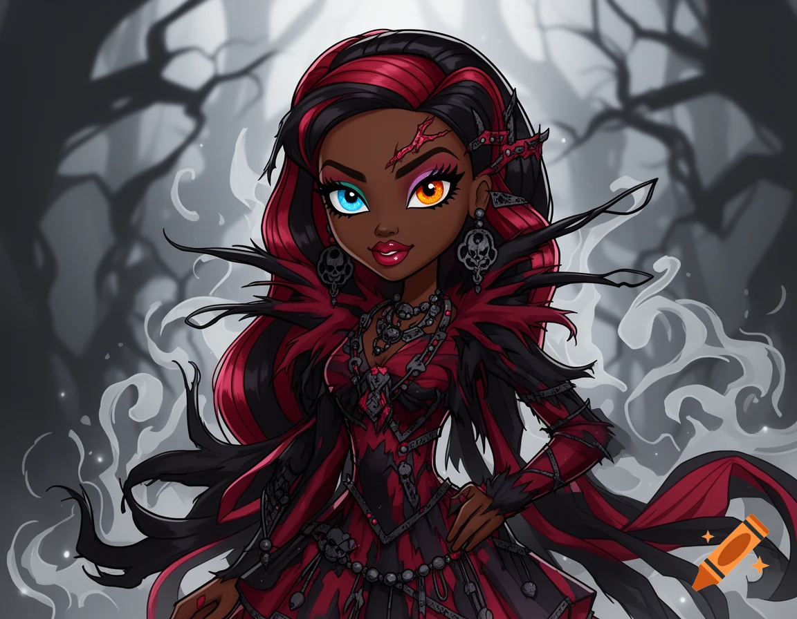 Monster High style dark-skinned female with red and black hair, blue and orange eyes, a scar, and gothic red and black attire in a misty forest.