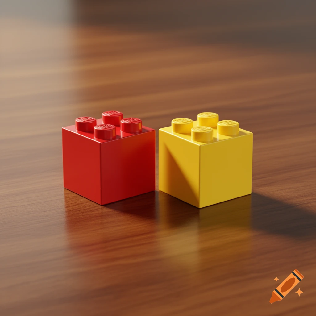 A red and a yellow Lego brick sit on a polished wooden surface, lit from above.
