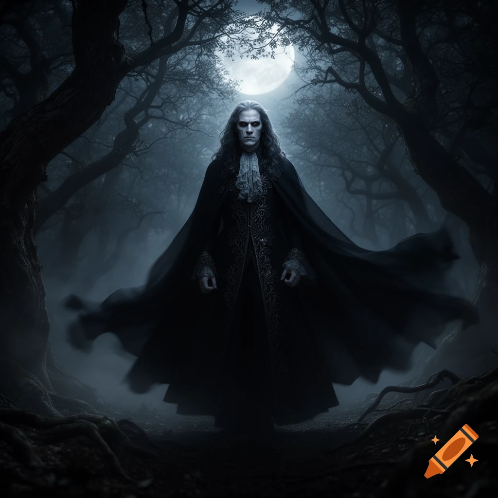 A pale, long-haired man in a gothic black coat and flowing cape stands in a dark, foggy forest under a full moon.