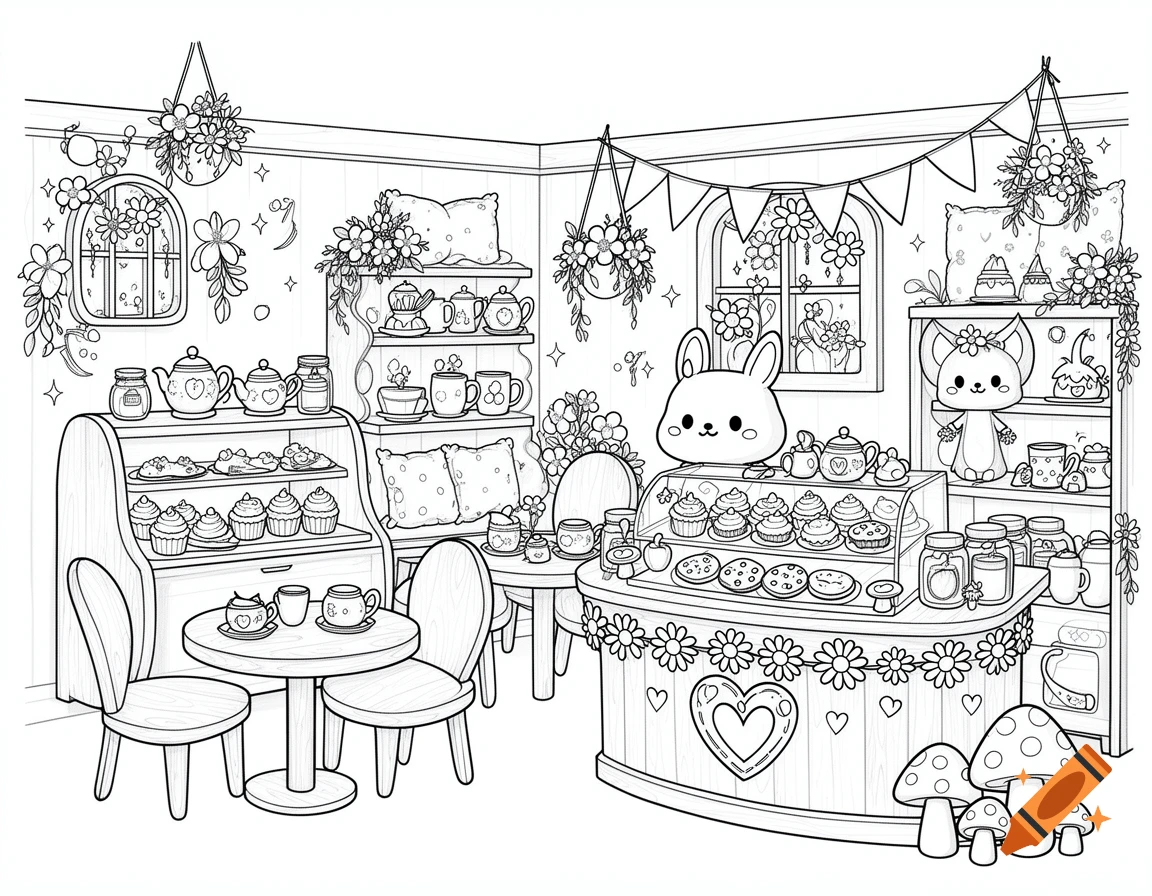 A whimsical coloring book illustration of a cozy kawaii cafe with cute animal characters, cupcakes, teapots, and floral decor.