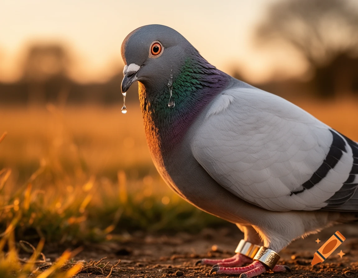 A photorealistic image of a pigeon with a tear falling from its eye and a racing band on its leg, standing in a field at sunset.