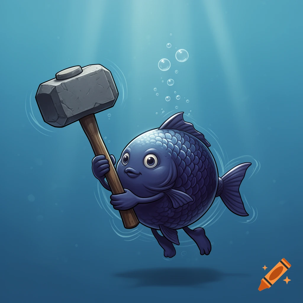 A dark blue-purple, spherical cartoon fish with arms and legs holds a giant stone hammer underwater with bubbles around it.