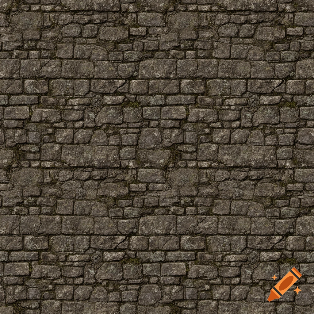 Seamless dark grey stone wall texture with rough, irregular blocks and some green moss.