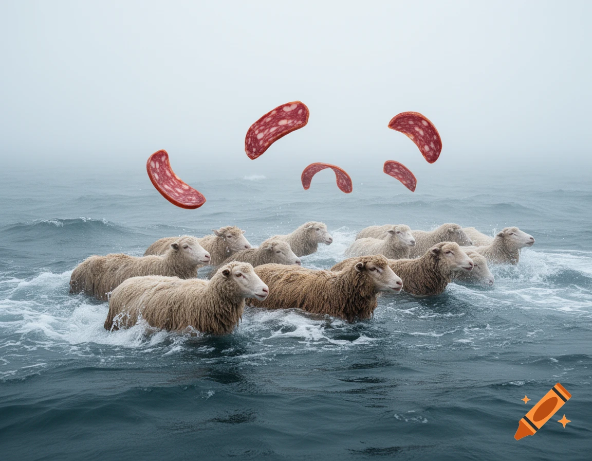 Sheep swimming in a rough ocean as slices of salami fall from the misty sky in a photorealistic style.