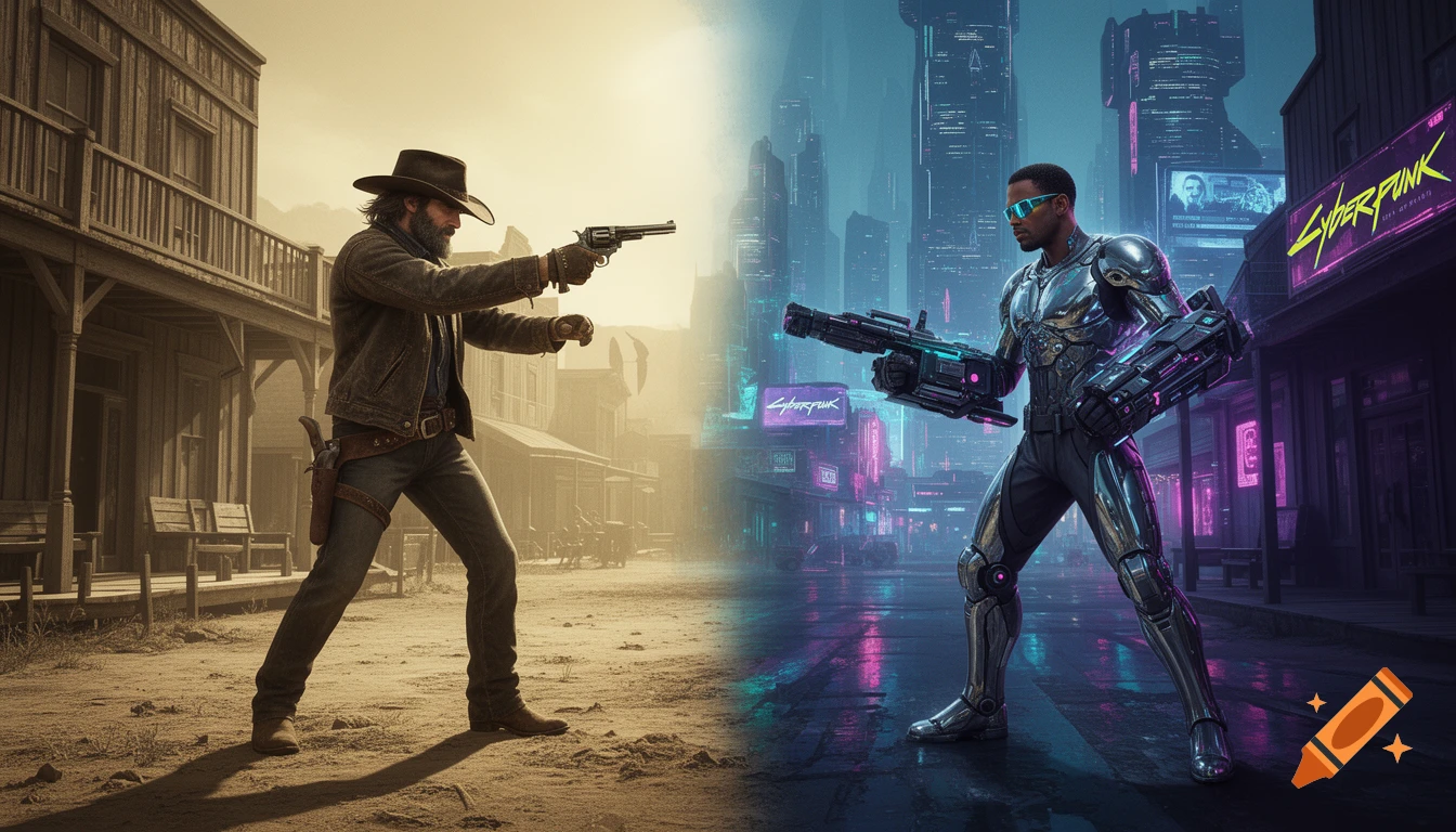 A cowboy in a dusty Western town and a futuristic soldier in a neon cyberpunk city face off, pointing guns at each other.