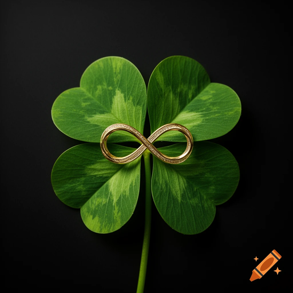 A vibrant green four-leaf clover with a golden, sparkling infinity symbol resting on its center, all against a dark background in a photorealistic style.