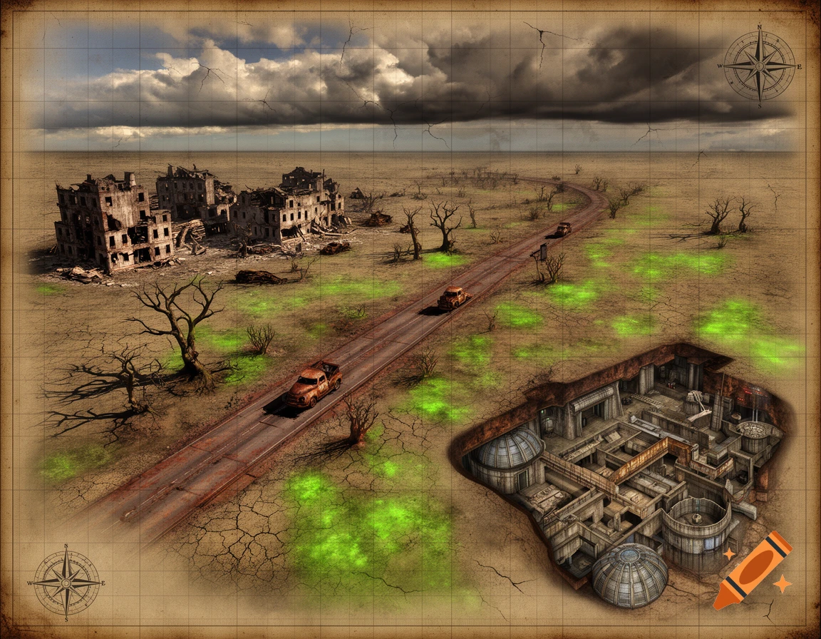 Isometric DND map of a post-apocalyptic desert with ruined buildings, a road, green radioactive patches, and an underground bunker.