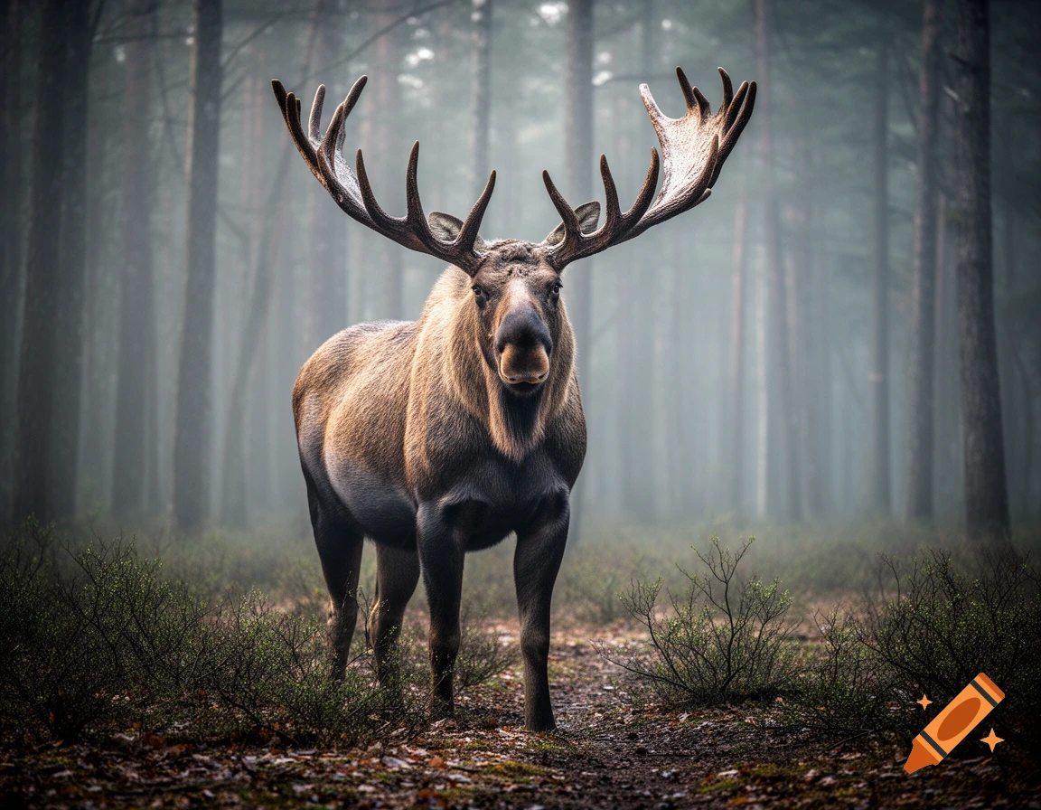A large moose with wide antlers stands on a forest path, looking directly forward in a misty, dark forest.