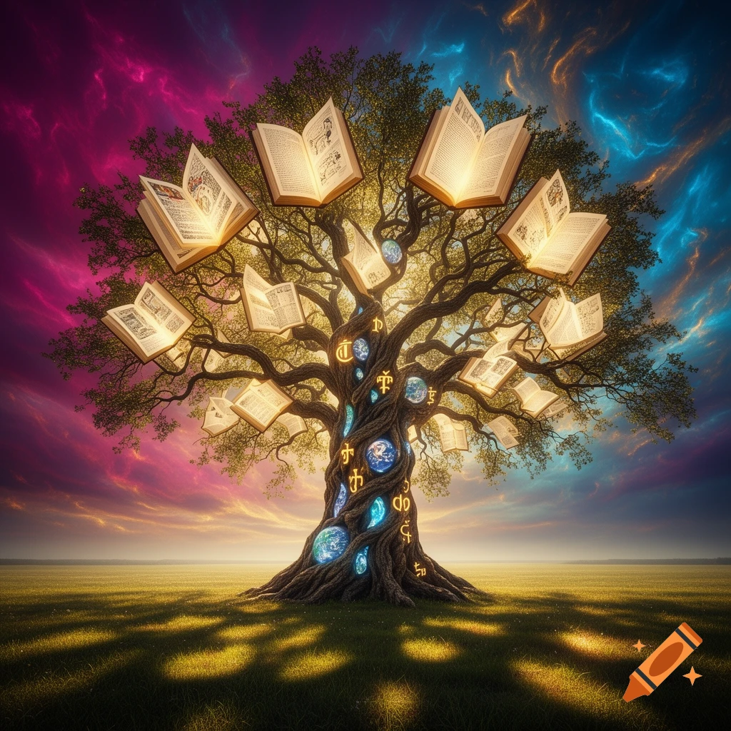 A vibrant fantasy image of a glowing tree of knowledge, with numerous open, illuminated books replacing leaves, and glowing mystical symbols on its trunk. The tree stands in a green field under a dramatic, colorful sky of pink, purple, and blue clouds.