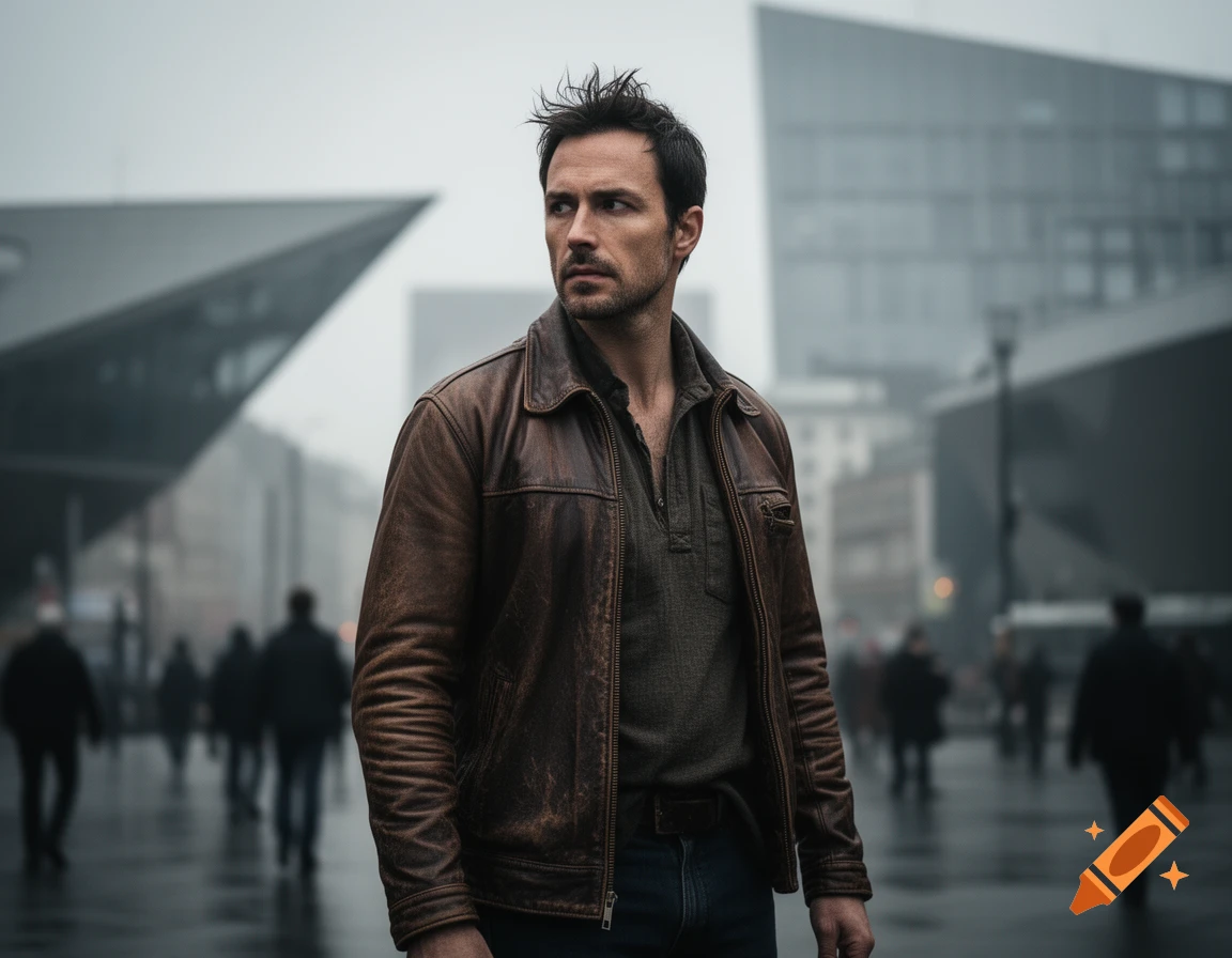 A man in a brown leather jacket looks intensely to the left, standing on a rainy urban street with blurry modern buildings and people in the background.