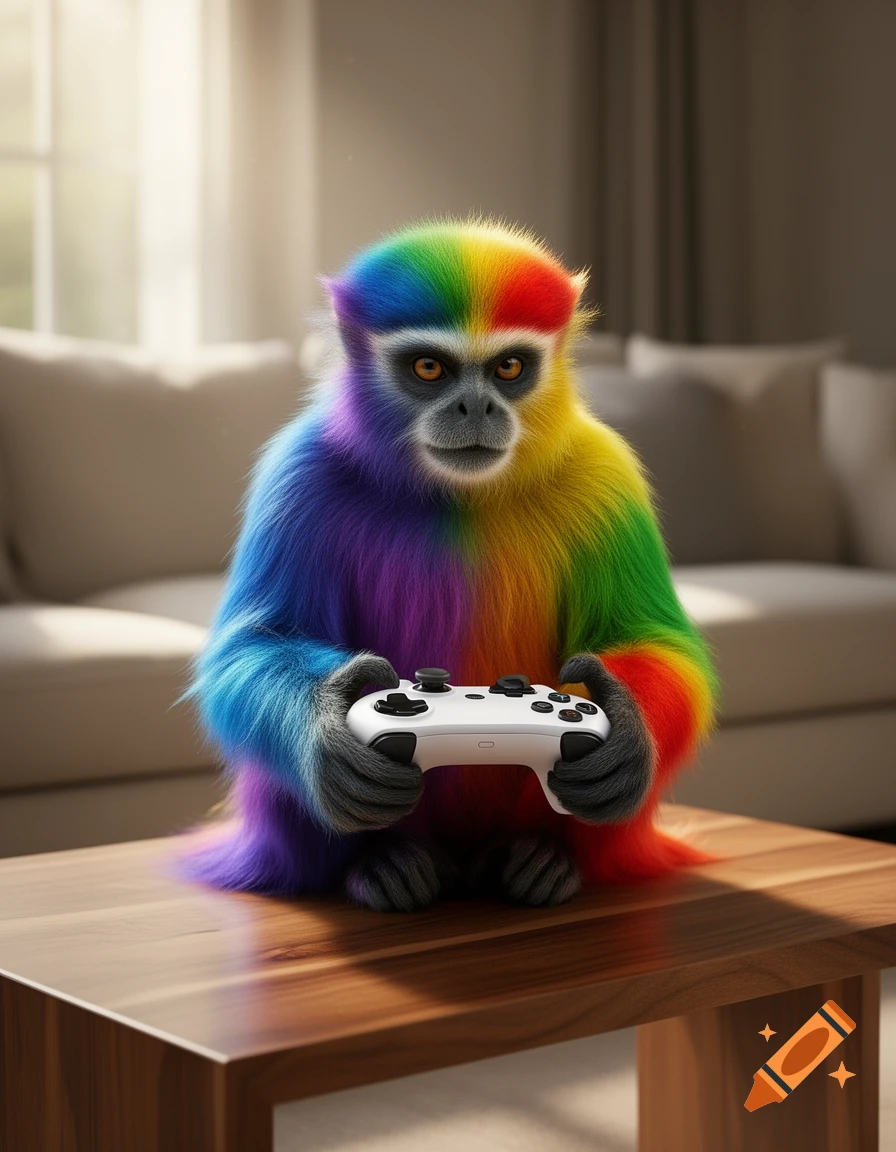 A vibrant rainbow-colored monkey sits on a wooden table, intently holding a white video game controller.