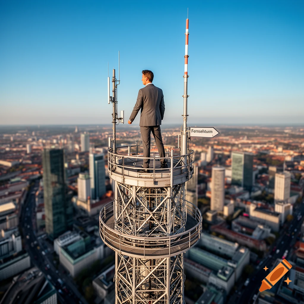 A man in a suit stands on top of a tall TV tower, looking out over a sprawling city skyline at sunset.