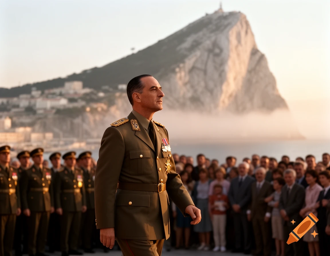 Photorealistic image of a military general in uniform walking past a crowd with the Rock of Gibraltar and a city in the background at sunset.