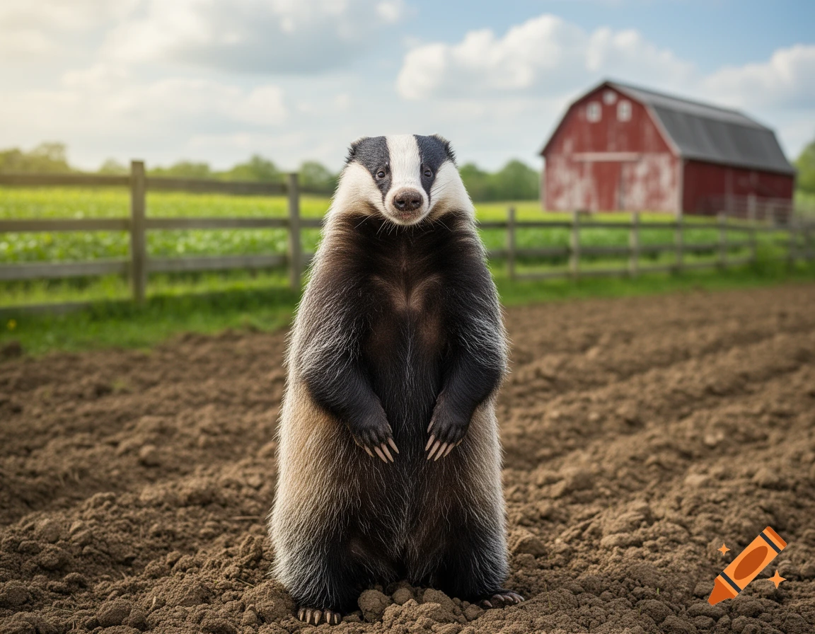 A badger stands upright in a brown, tilled field with a red barn and wooden fence in the background under a cloudy sky.
