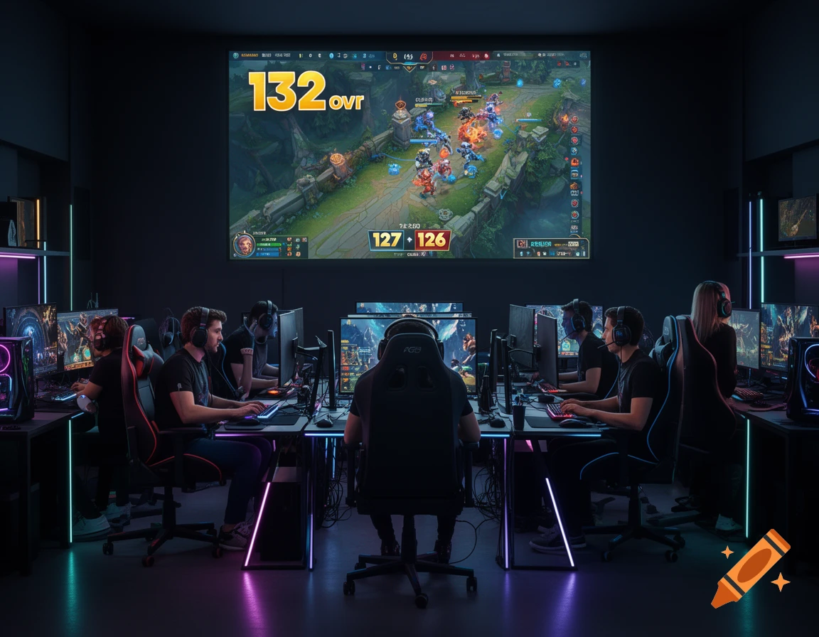 Gamers with headphones play a MOBA game on computers in a dark esports lounge with neon lighting and a large overhead screen.