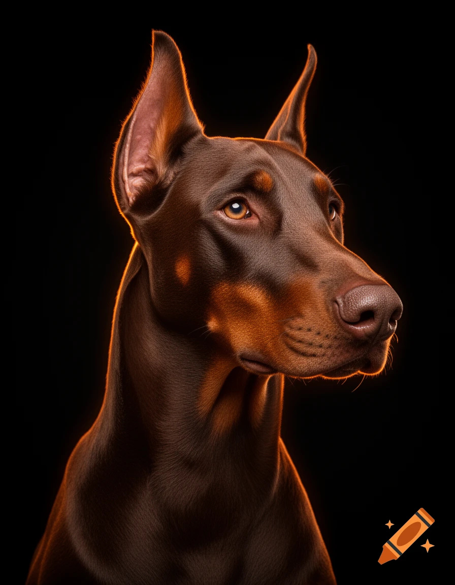 Photorealistic portrait of a chocolate brown Doberman with natural floppy ears, looking right, with orange rim light on a black background.