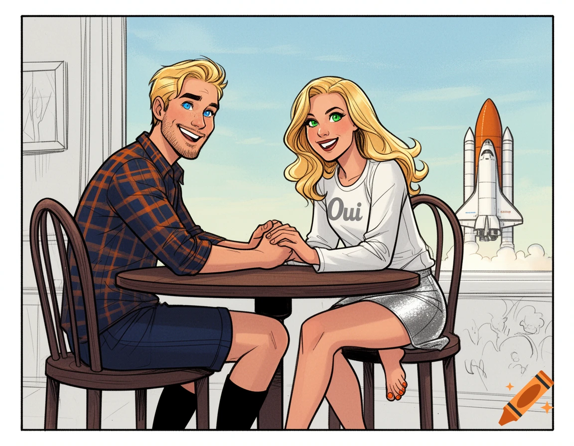 A comic-style illustration of a happy blonde couple holding hands at a table, with a space shuttle launching in the distant background.