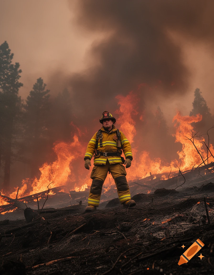 A determined firefighter stands on burnt ground before a raging forest fire with thick smoke and bright orange flames.