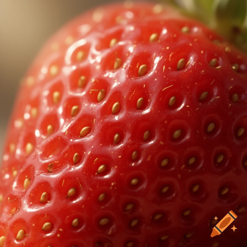 Close-up macro shot of a vibrant red strawberry with visible yellow seeds and realistic textured skin.