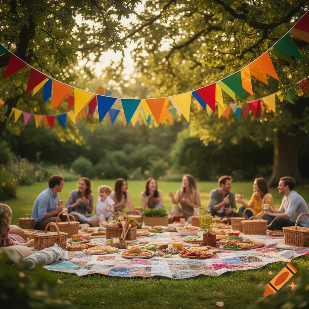 A vibrant outdoor picnic scene with colorful bunting strung overhead, people gathered on a patterned blanket with various foods.