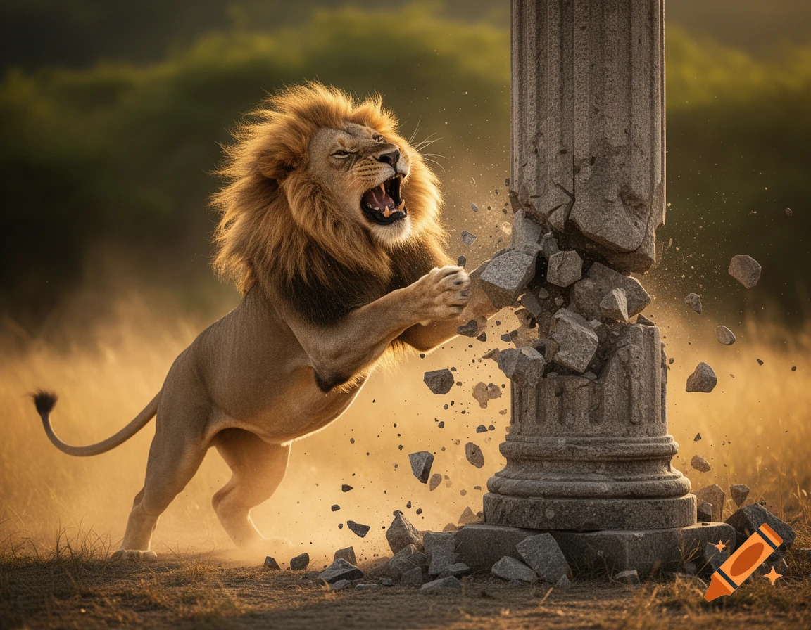 A photorealistic lion roaring furiously, actively destroying a large stone column, with debris and dust flying in a sunlit outdoor scene.
