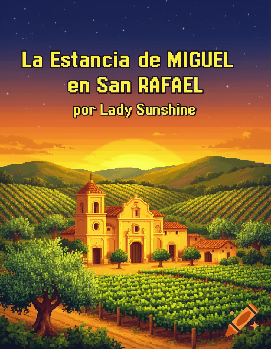 Pixel art illustration of a yellow hacienda surrounded by green vineyards under a sunset sky with text 'La Estancia de MIGUEL en San RAFAEL por Lady Sunshine'.