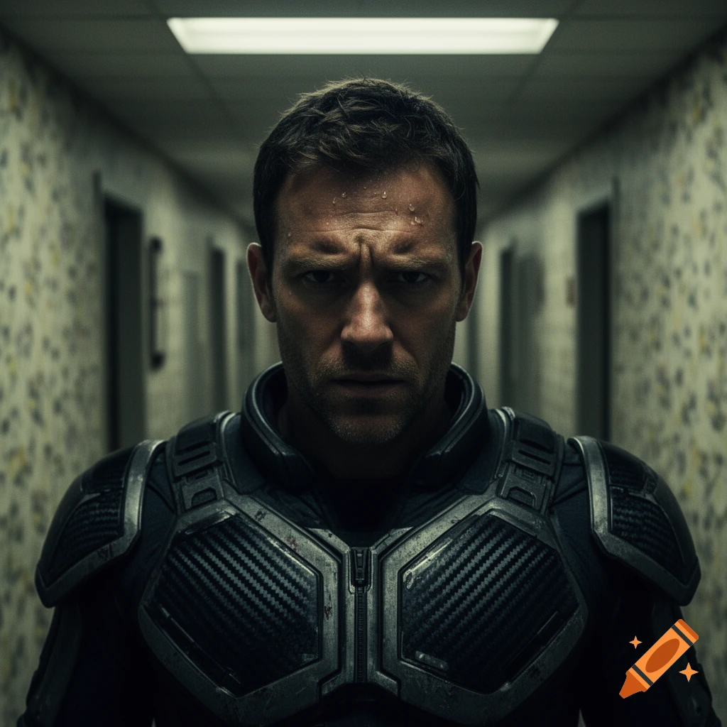 A photorealistic close-up of a sweaty man in a tactical suit, looking intently forward in a dimly lit, narrow hallway with patterned wallpaper.