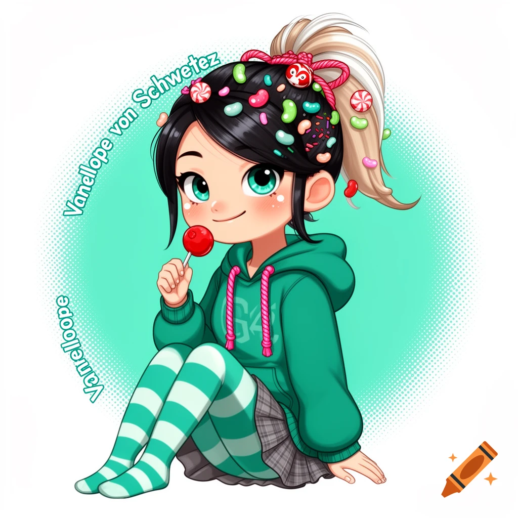 Anime-style Vanellope von Schweetz sitting, holding a red lollipop. She wears a green hoodie, a plaid skirt, and striped leggings. Her black hair is in a ponytail decorated with various candies.