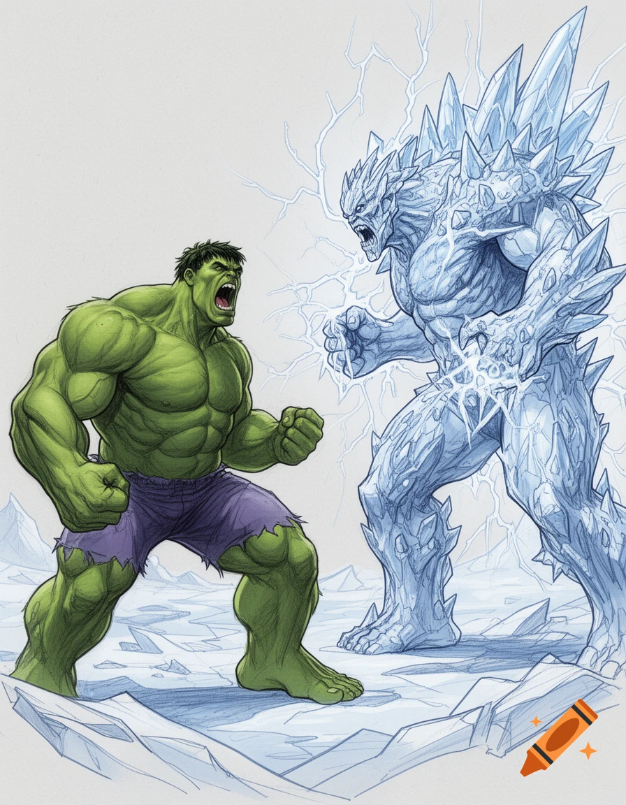The Hulk faces off against a crystalline ice giant in a dynamic comic book illustration set in a snowy landscape.