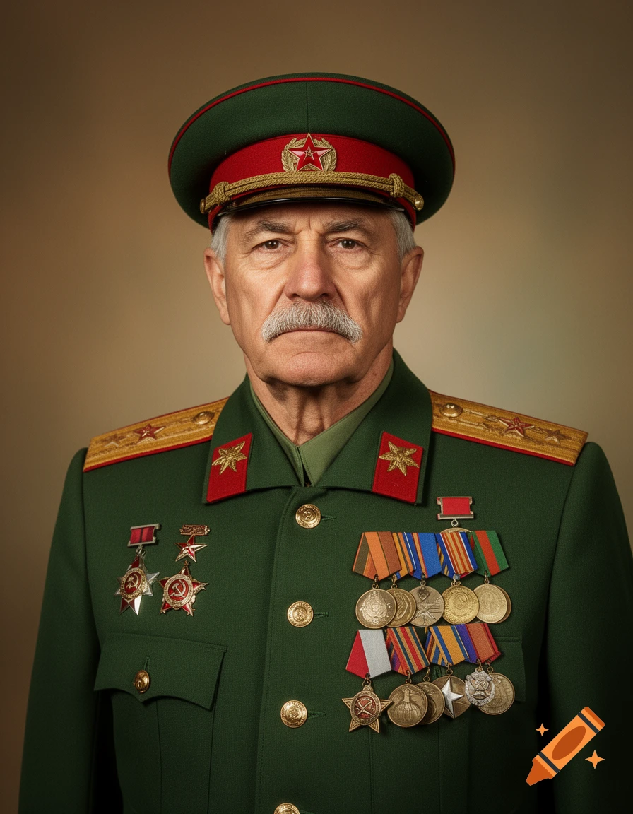 Photorealistic portrait of a Soviet-era military commander with a mustache, wearing a green uniform, hat, and numerous medals.
