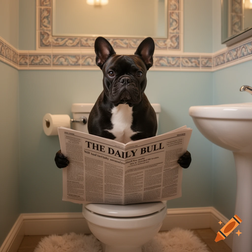A photorealistic black French bulldog with a white chest sits on a toilet in a light blue bathroom, reading "THE DAILY BULL" newspaper.