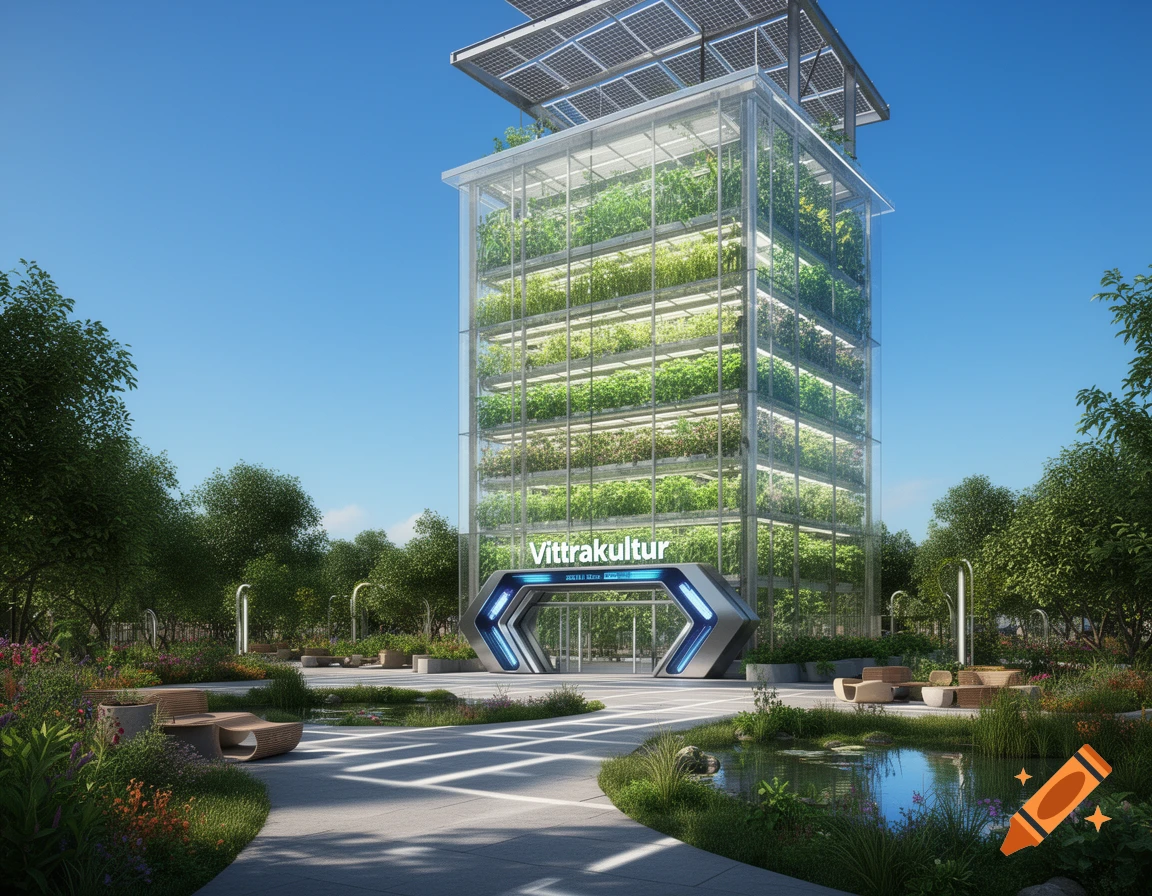 A modern glass vertical farm building with solar panels and a futuristic entrance, surrounded by a lush urban park with ponds.