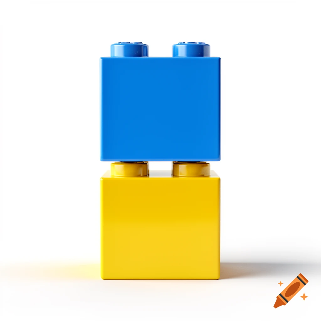 A yellow Lego block with a blue Lego block stacked on top, set against a clean white background.