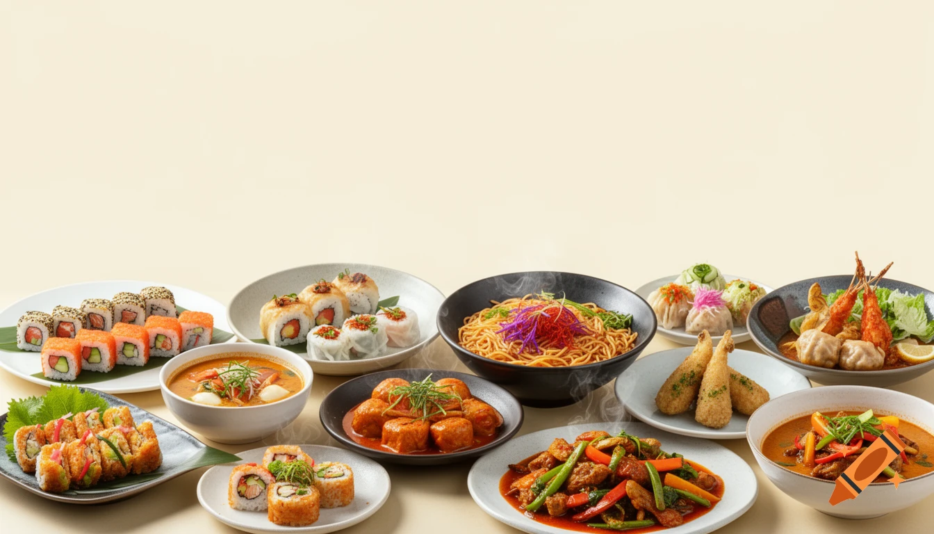 A photorealistic display of diverse Asian cuisine, including sushi, noodles, dumplings, and curries, arranged on a light background.